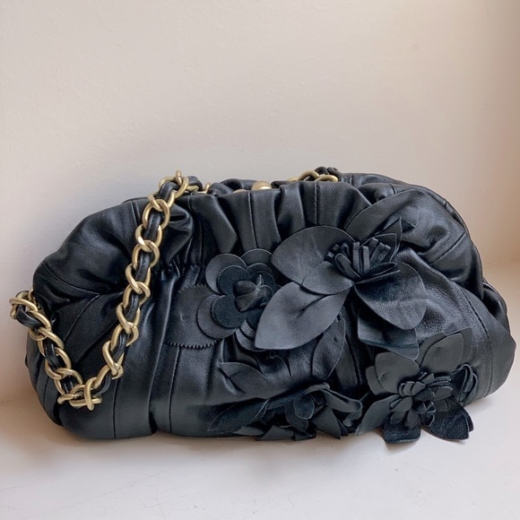 Adrienne Vittadini Handbags - Adrienne Vittadini Black Leather Bag Purse with Leather Flowers